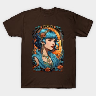 Bohemian Blue Haired woman retro vintage floral design T-Shirt